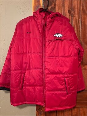 Nike Red Hooded Puffer Jacket with Razorback Patch